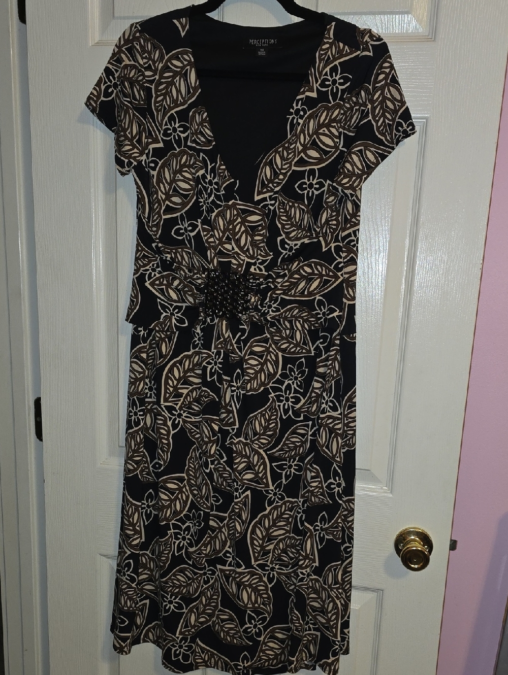 Perceptions Black Midi Dress with Tan Leaf Print